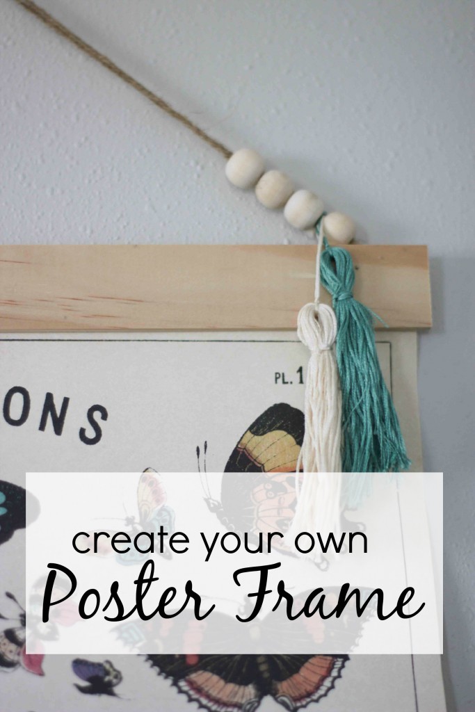 Create your own poster frame to hang large prints.  DIY steps from www.homestead128.com