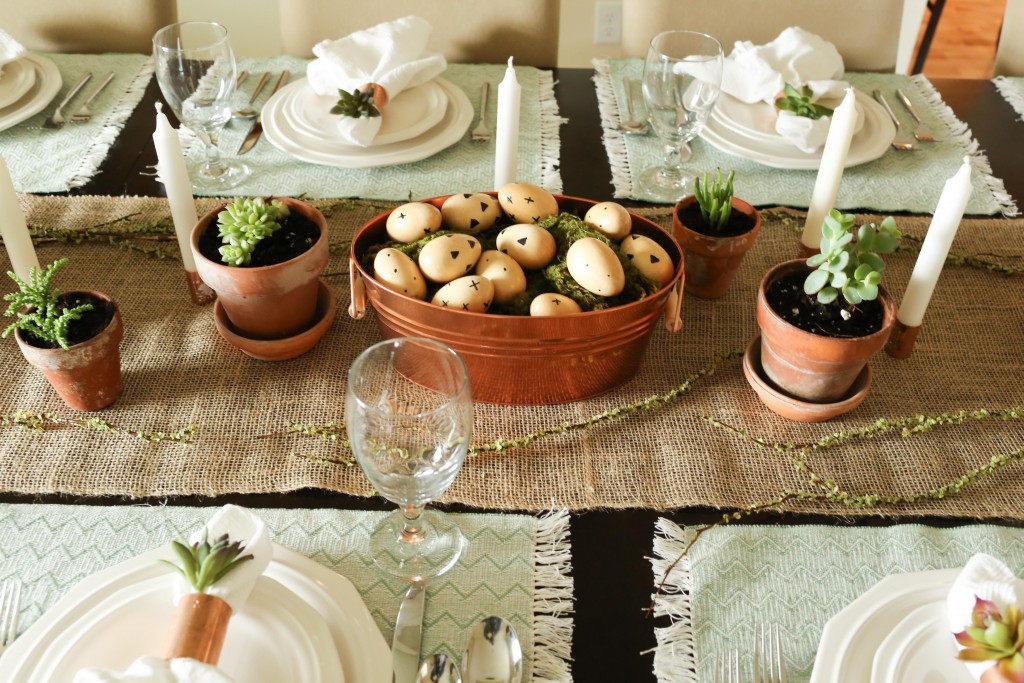 Create a spring table using neutrals, light green and pops of copper accents.  The result is a beautiful table perfect for any time of the year.  www.homestead128.com