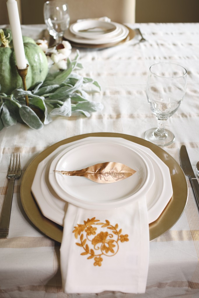 Gold and green Thanksgiving table for the modern farmhouse.