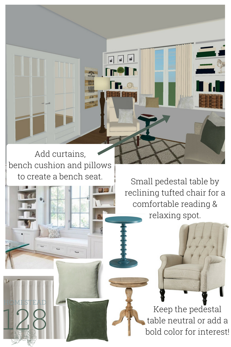 Design plans for a traditional living room with neutrals, and pops of green and blue. Design pages give you 3d images and everything you need to design a room that is both beautiful and functional.