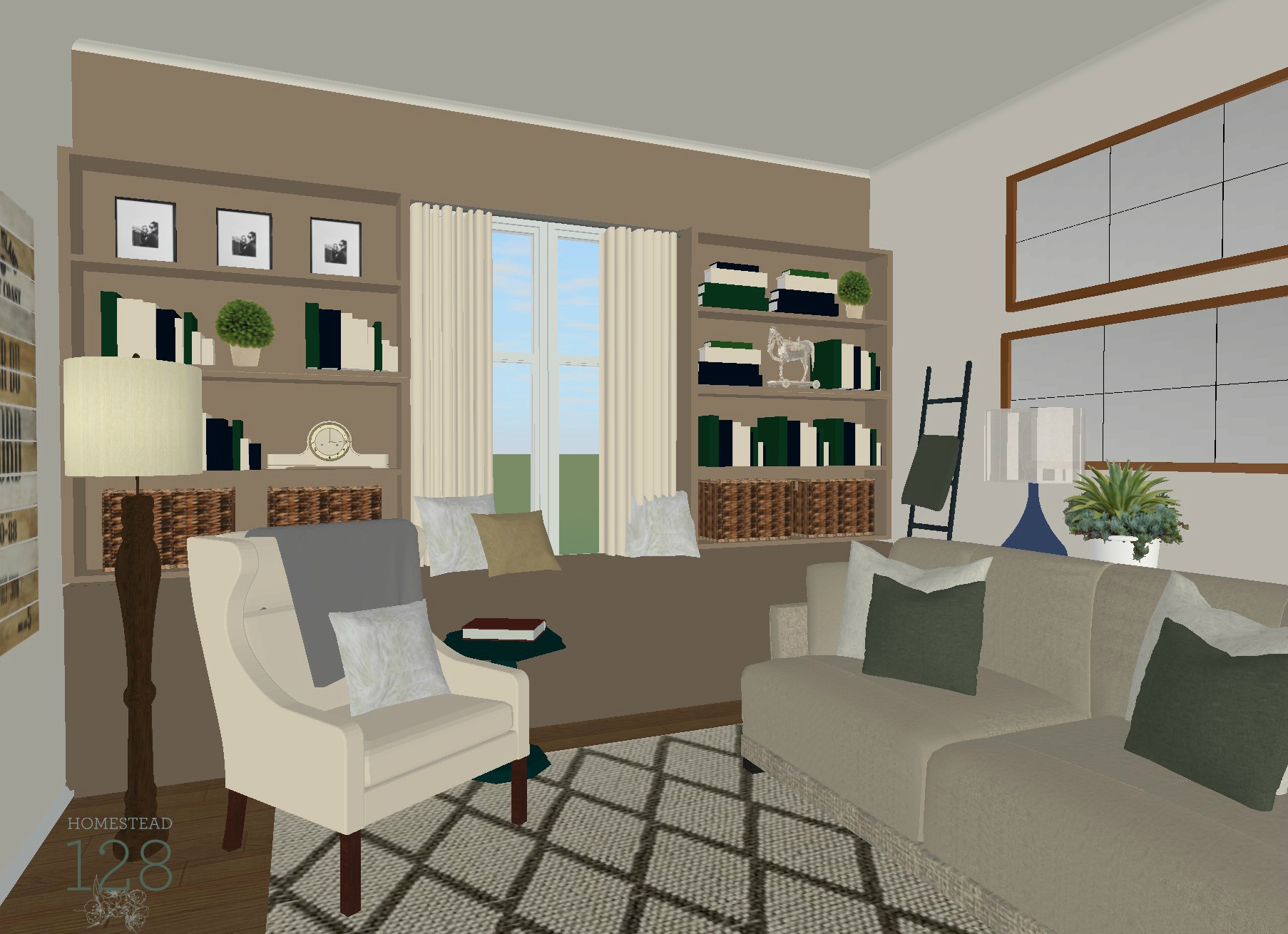 A traditional style living room design plan includes neutrals, blues, greens and a touch of farmhouse. Interior design service from Homestead 128.