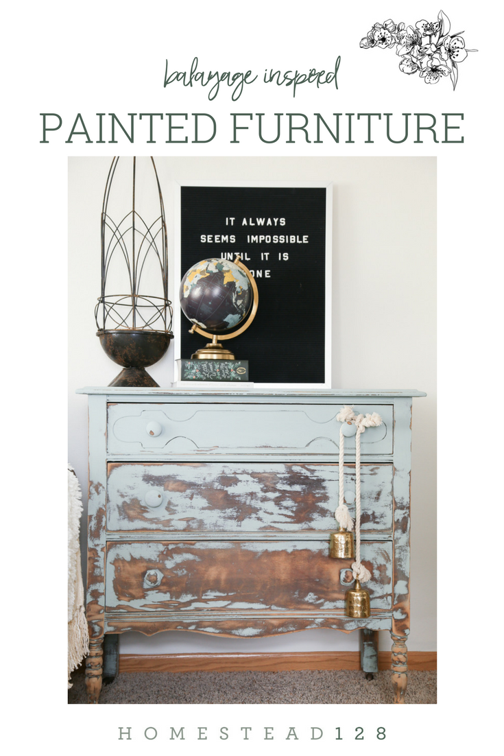 Painted furniture is heavily distressed in a gradual way, inspired by balayage hair coloring. DIY tutorial on Homestead 128.