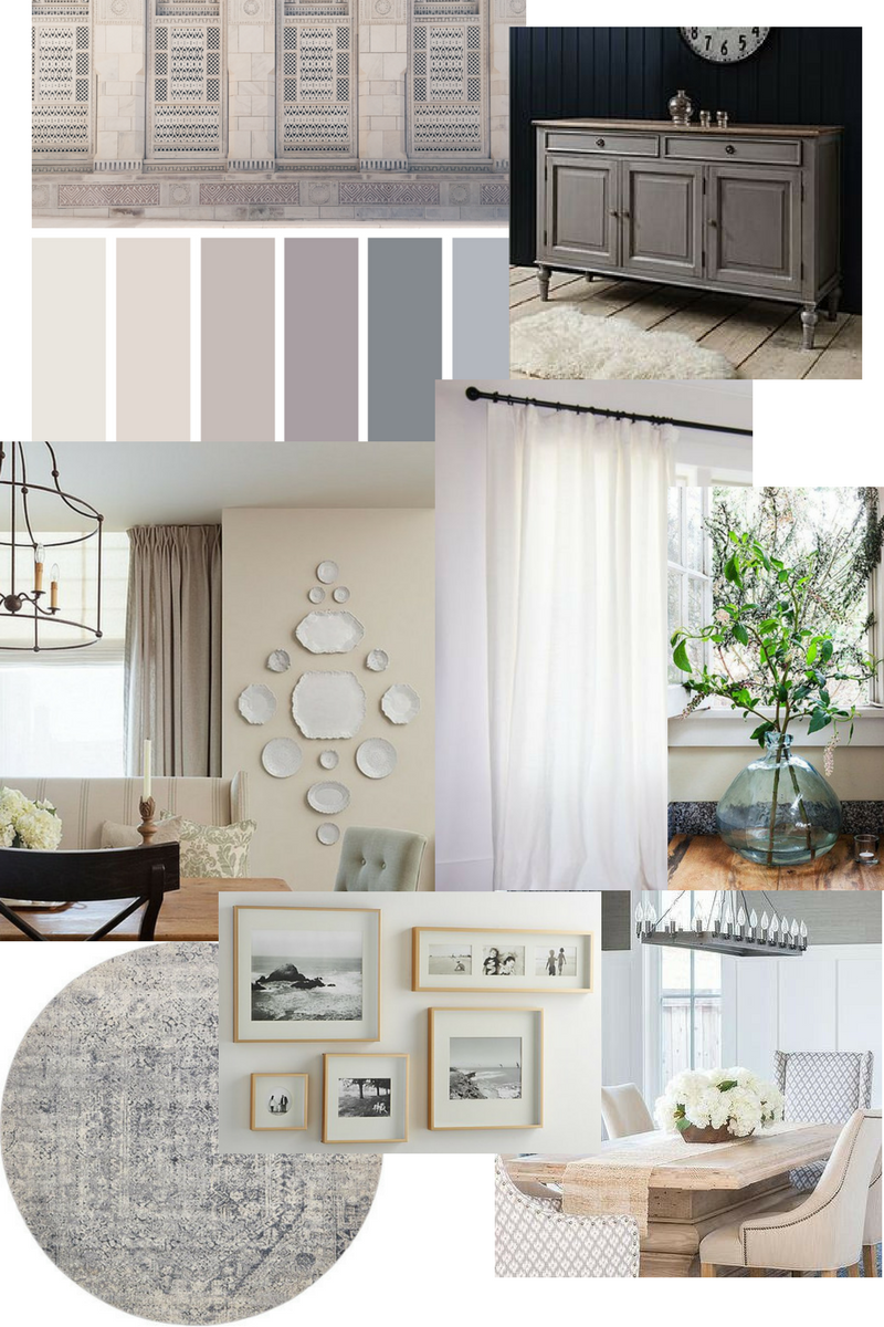 An east coast traditional dining room is planned with a mood board. Updated traditional dining room in taupe and gray from Homestead 128. 