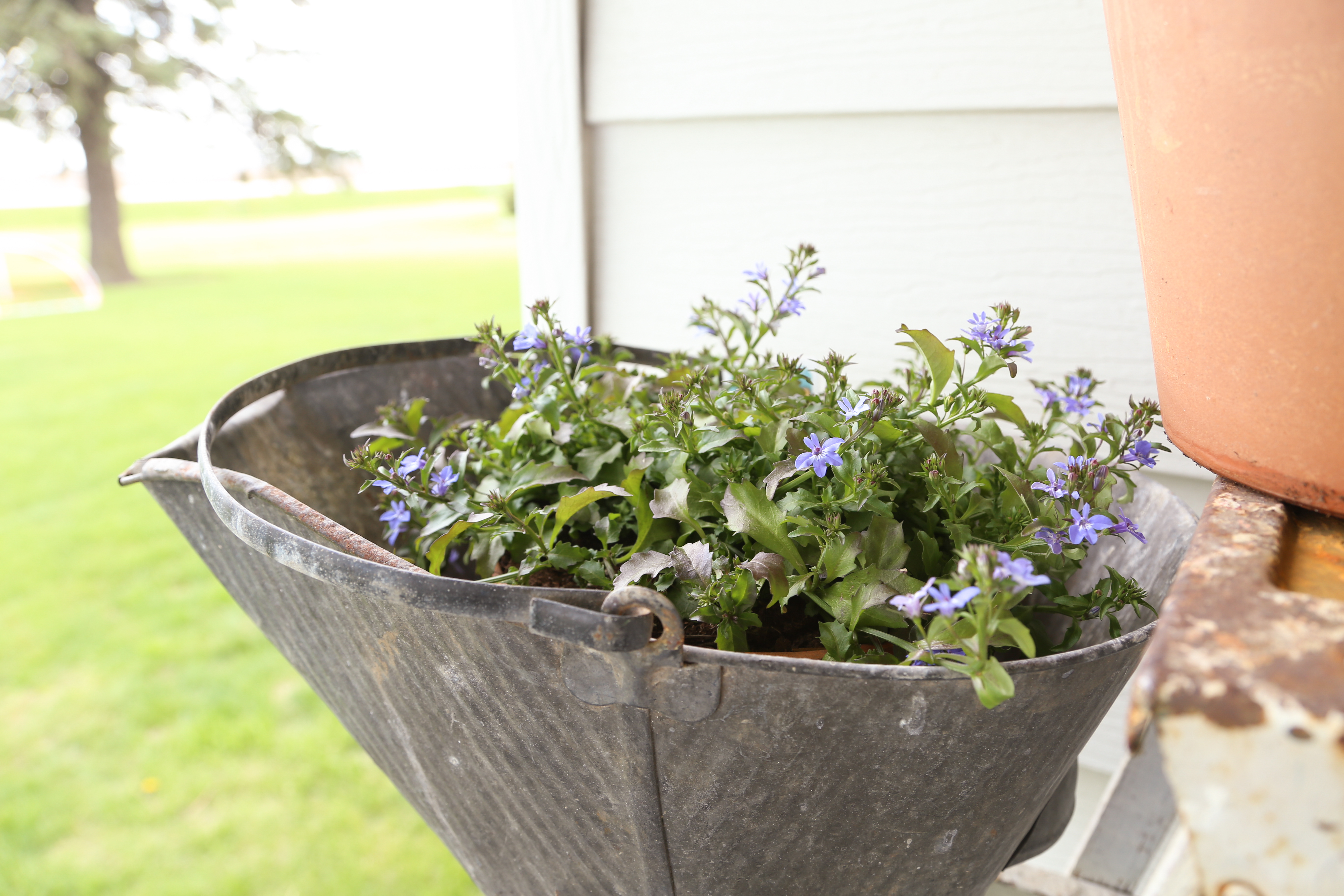 Colorful plants in a galvanized container give the porch a farmhouse feel.