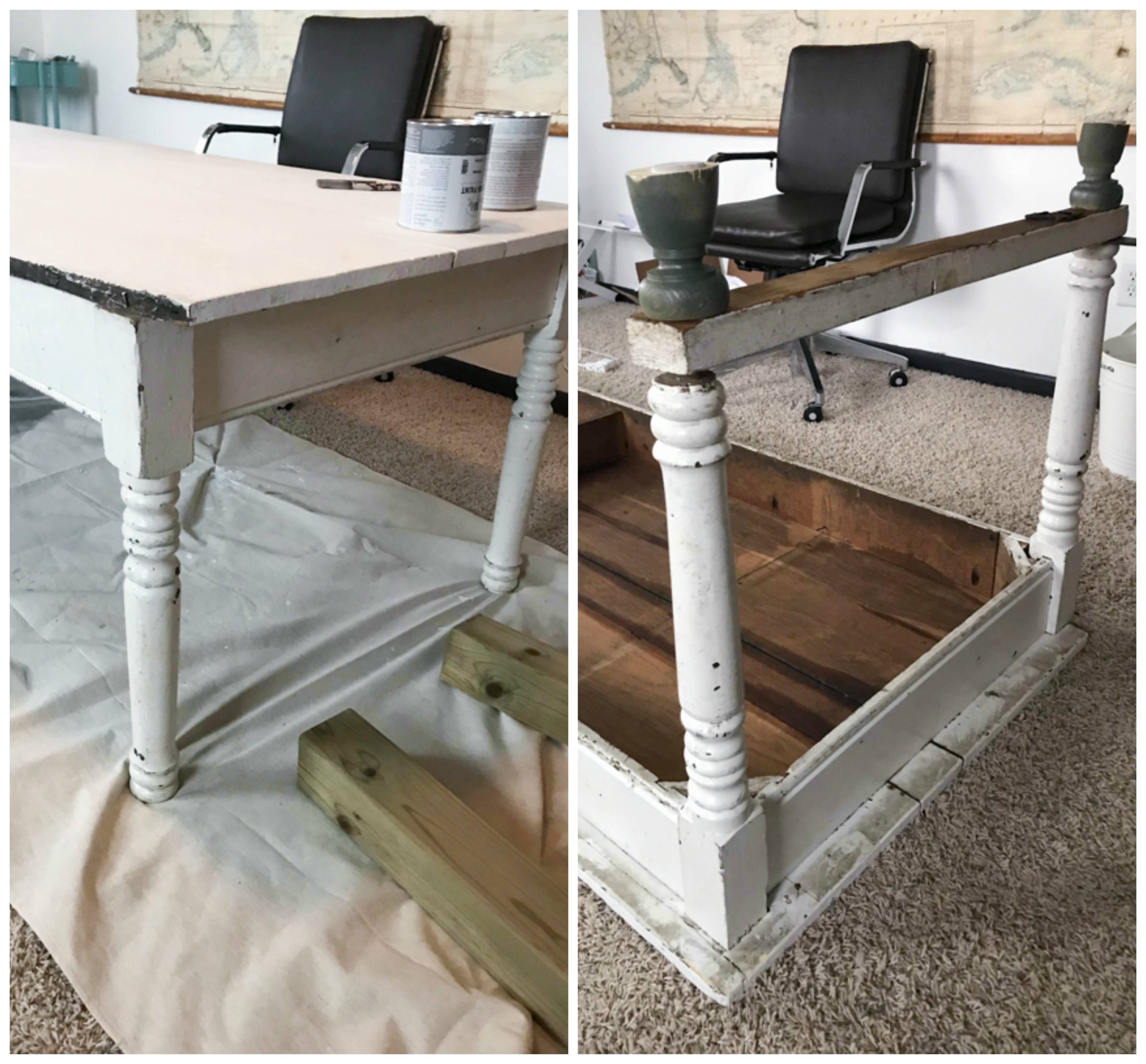 An old harvest table is updated and used as a home office desk.