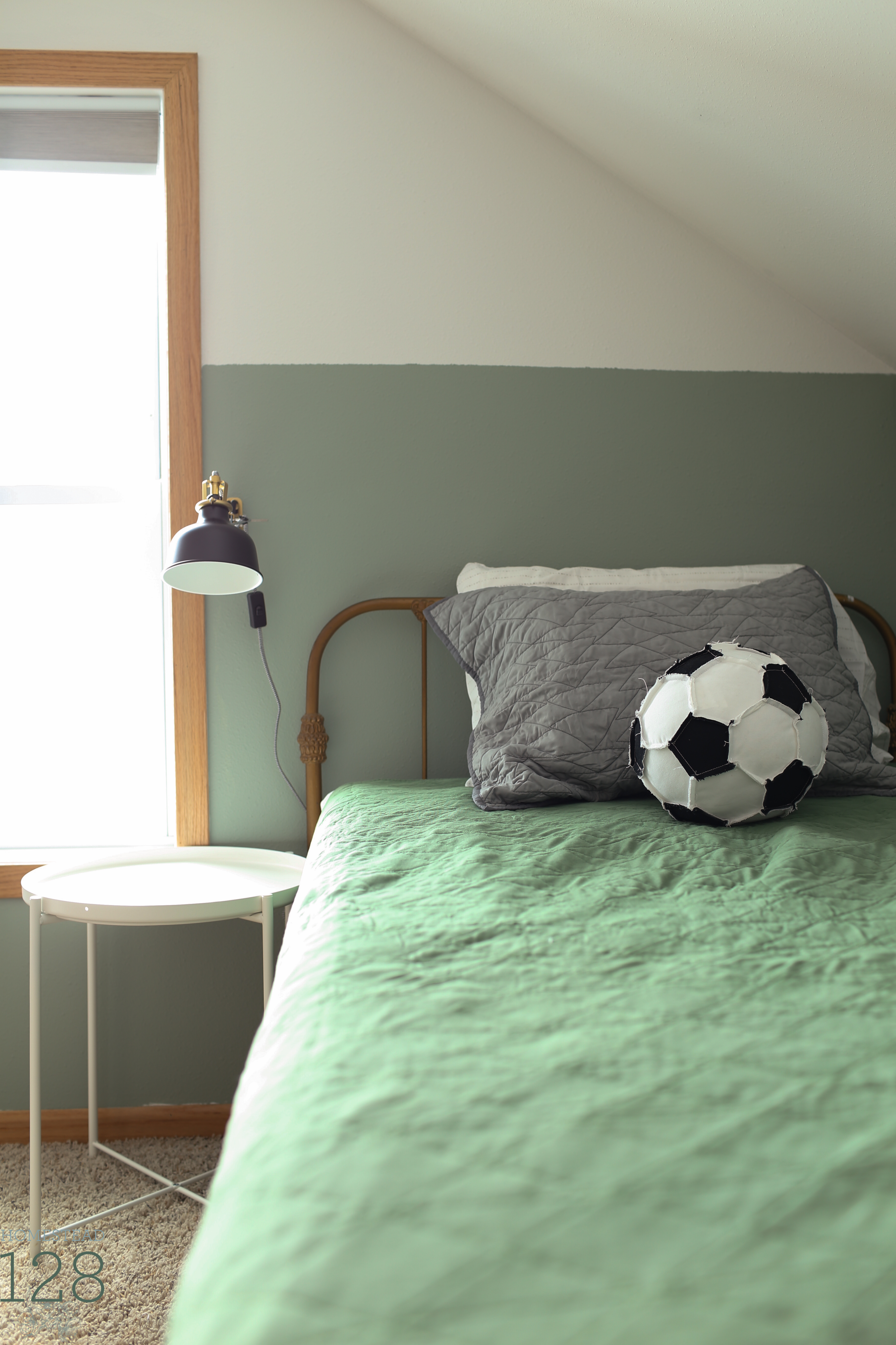 Boys bedroom wall sconce and green, gray and white colors.