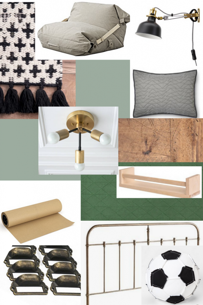 Mood board full of images for putting together a shared boys bedroom with green, gold and brass touches. Farmhouse style bedroom.