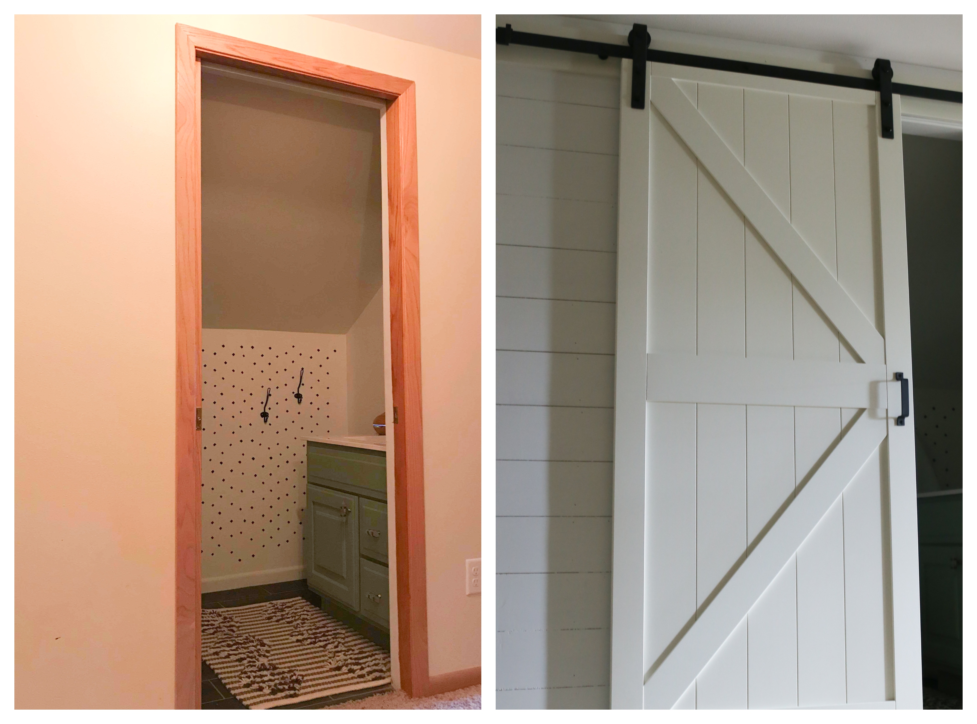 The builder basic hallway is updated with faux shiplap and a sliding barn door.