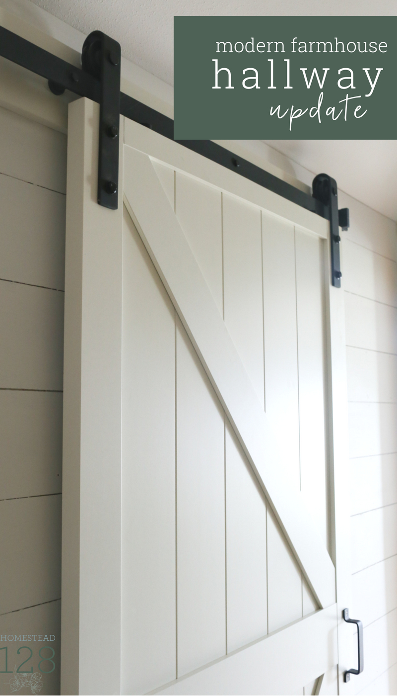 Simple white touches take this builder basic hallway to a modern farmhouse style space.