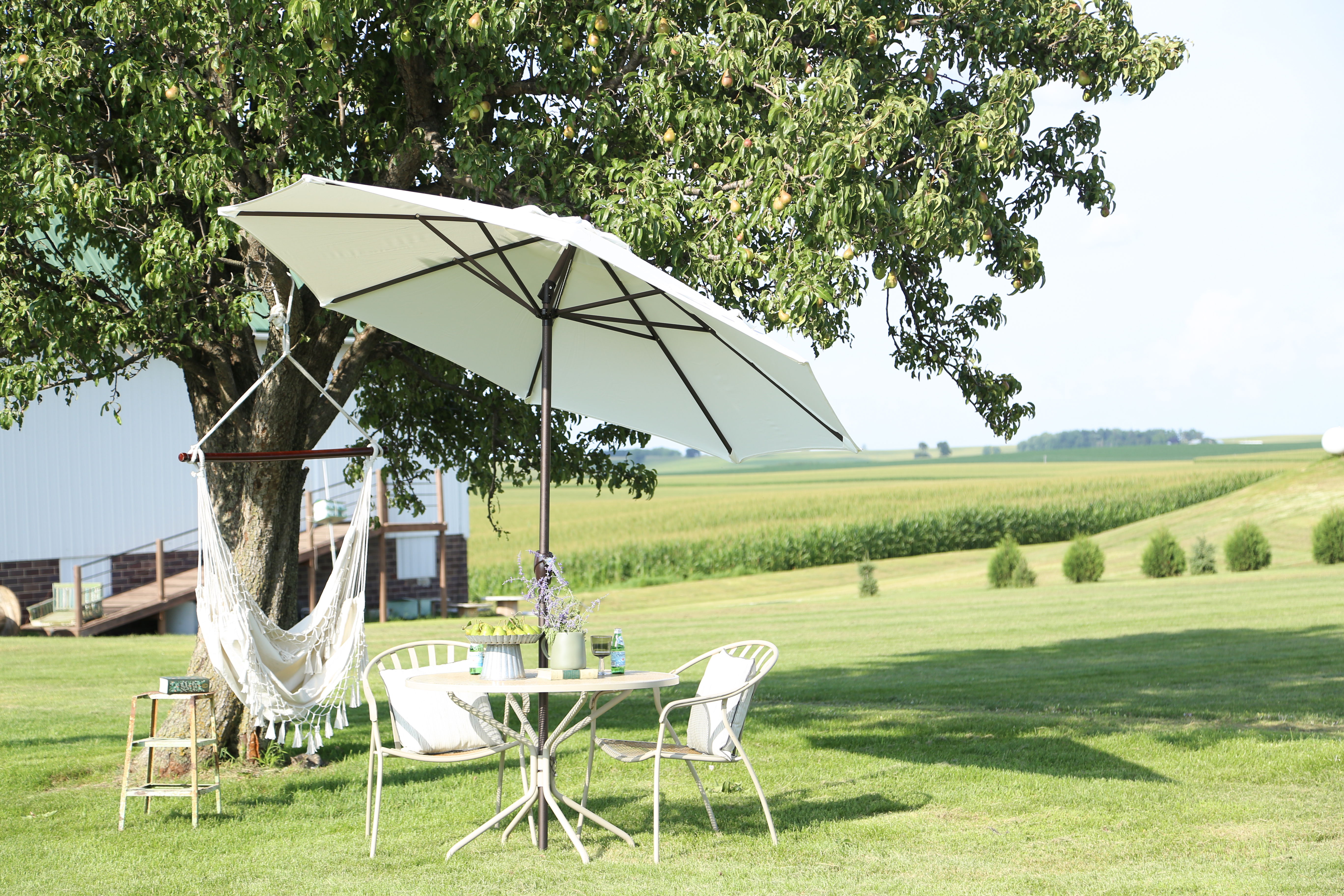 A small table and chairs with an umbrella is is perfect setup for the farm backyard.